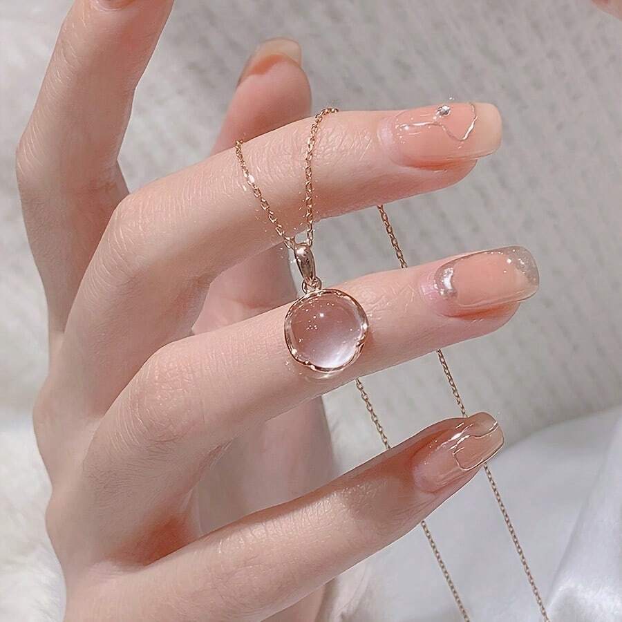 Luxurious Pink Necklace, Floral Pattern, Oval Pendant, Collarbone Chain, Exclusive Women - 粉色 - 查看 1