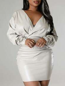 Women's Sexy PU Leather V-Neck Bodycon Mini Dress - Slim Fit, Perfect For Daily Outings, Office & Date Nights - 白色 - 查看 5