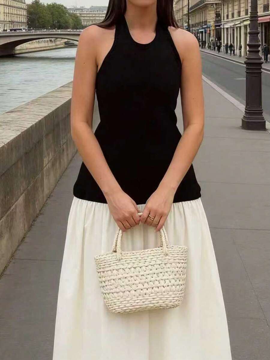 Women's Elegant Camisole Top Set, Comfortable Sexy Street Minimalist Holiday Romantic Date Party Beach Outfit, Spring/Summer - Apricot+Black - View 1