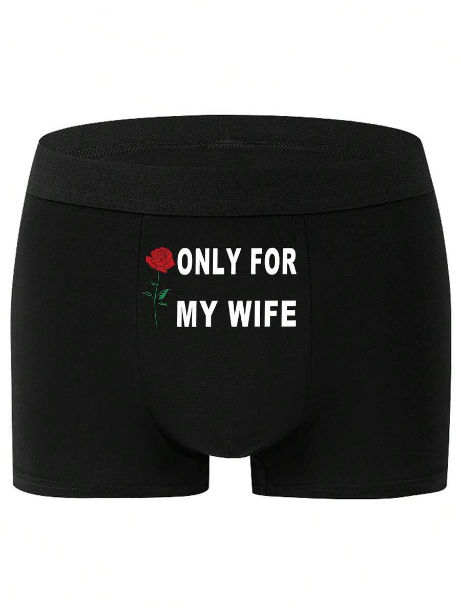 This Men's Boxy Underwear Is Printed With The Words "ONLY FOR MY WIFE" And Features A Rose Red Heart Pattern. It Is Comfortable, Skin Friendly, Practical, And Fashionable, Making It An Ideal Gift For Valentine's Day And Weddings. On Anniversaries, Confession Can Be Worn - Black - View 1