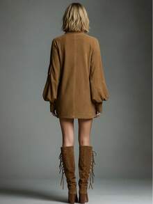 Women Turtleneck Long Sleeve Suede Dress Puff Sleeve Pocket Design Loose Fit Mini Dress - 棕色 - 查看 3