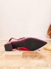 2025 New Elegant Women's High Heel Shoes, Thick Heel Comfortable Strap Mary Jane Pointed Toe Mule Sandals, Apricot - Hot Pink - View 6