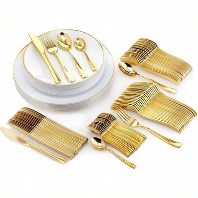 150/75/50/20/1pc Set Elegant Reusable Salad Plates, Knives, Salad Forks, Soup Spoons, Fruit Plates, Food Trays, Suitable For Cakes, Desserts, Salads, Burgers, Sandwiches, Sushi, Christmas Decor, Ideal For Home Gatherings, Hotels, Restaurants, Weddings, Outdoor, Birthday Parties, Back To School, Holidays, Thanksgiving, Valentine's Day, New Year Gifts, Ramadan