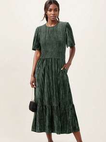 Velvet Solid Color Elegant Casual Party Ruched Decor Maternity Dress, Suitable For Birthday Party, Date Night, Spring/Summer - Olive Green - View 1