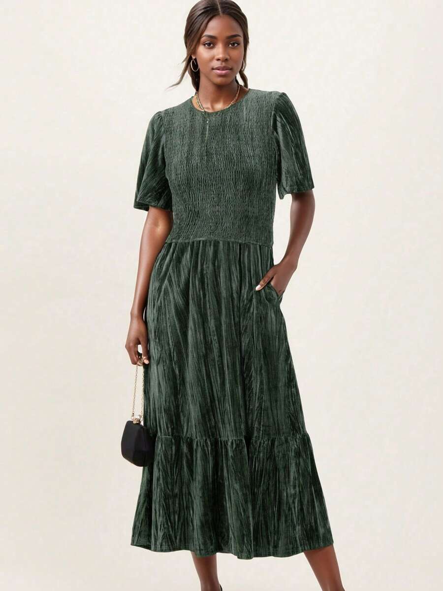 Velvet Solid Color Elegant Casual Party Ruched Decor Maternity Dress, Suitable For Birthday Party, Date Night, Spring/Summer - Olive Green - View 1