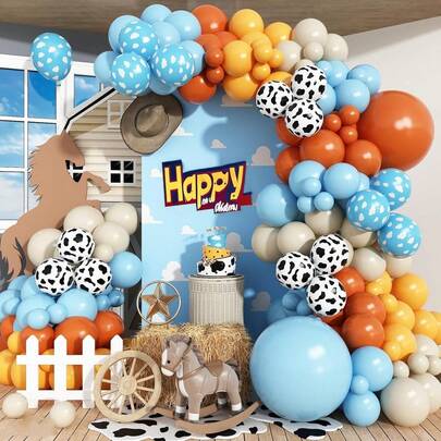 123 Pieces Of Western Cowboy Theme Balloon Arch Set, Including Blue, Orange, Yellow And Sand White Balloons, Suitable For Western Cowboy Theme Birthday Parties, Gender Reveal Parties, Baby Shower Parties, Farm-Themed Activities, Birthday Parties, Party Decorations, Anniversary Celebrations And Summer Party Decorations.