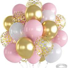 10-Inch Pink & White Metallic Chrome Gold Sequin Latex Balloons - Baby Pink & Gold Party Balloon Set, Suitable For Girls Birthday And Princess Theme Party Decorations - Multicolor - View 1