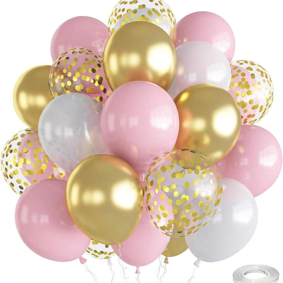 10-Inch Pink & White Metallic Chrome Gold Sequin Latex Balloons - Baby Pink & Gold Party Balloon Set, Suitable For Girls Birthday And Princess Theme Party Decorations - Multicolor - View 1