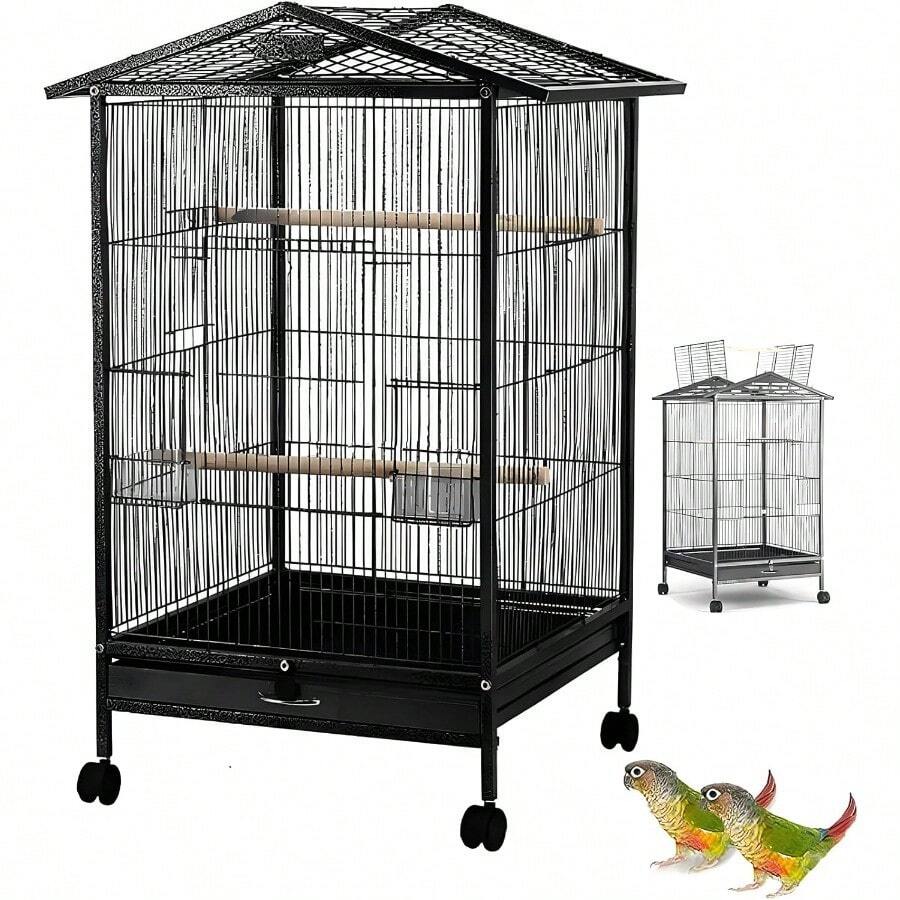 Bird Cage Open Top Standing Parrot Parakeet Cage With Rolling Stand Large Metal Bird Flight Cage For Conure Parekette Cockatiel Finch Macaw Cockatoo Pet HouseBlack Square - Square - View 1