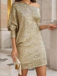 New Women's Elegant Solid Color Sequin Patchwork Dress, Autumn Elegant Formal Wear, Female Sexy Style, Light Fabric, Fashionable Women - 金色 - 查看 3