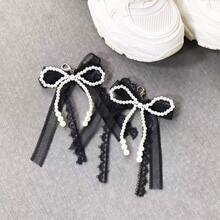 1 Pair Handmade Pearl Lace Ribbon Bow Shoe Clips, Women & Kids Shoe Decorations With Hook - Black - View 5