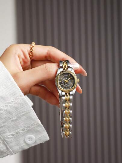 1 pieza Reloj de mujer redondo de cuarzo elegante, lujoso y elegante, estilo casual, excelente para regalos, citas y uso diario