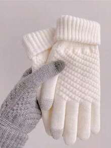 1/4 双装女士触屏冬季手套 - 时尚针织露指手套，加厚袖口，保暖舒适 - A - 查看 1