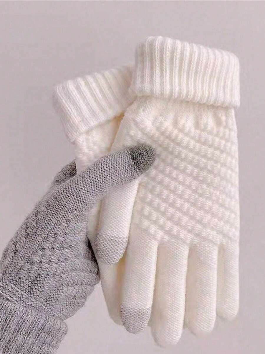 1/4 双装女士触屏冬季手套 - 时尚针织露指手套，加厚袖口，保暖舒适 - A - 查看 1