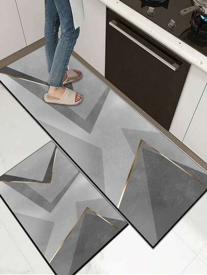 1 件装软橡胶厨房地垫，3.5 毫米厚厨房地毯，灰色几何拼接奢华简约风格厨房吸水地垫，大尺寸地毯，可裁剪以适应厨房，表面织物材质，中间海绵层，底部橡胶层，适用于厨房地毯、厨房装饰、婚礼装饰、家居装饰、浴室地垫、玄关地垫、洗衣房地垫、走廊地毯、客厅地垫等。