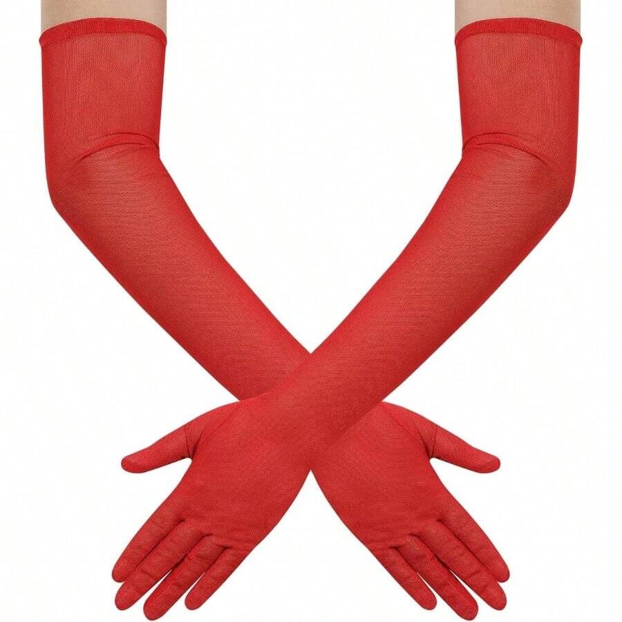 Women's Long Stretchy Mesh Tulle Sheer Gloves Costume Wedding Opera Halloween Party 1920's Dance Gloves - 紅色 - 查看 1
