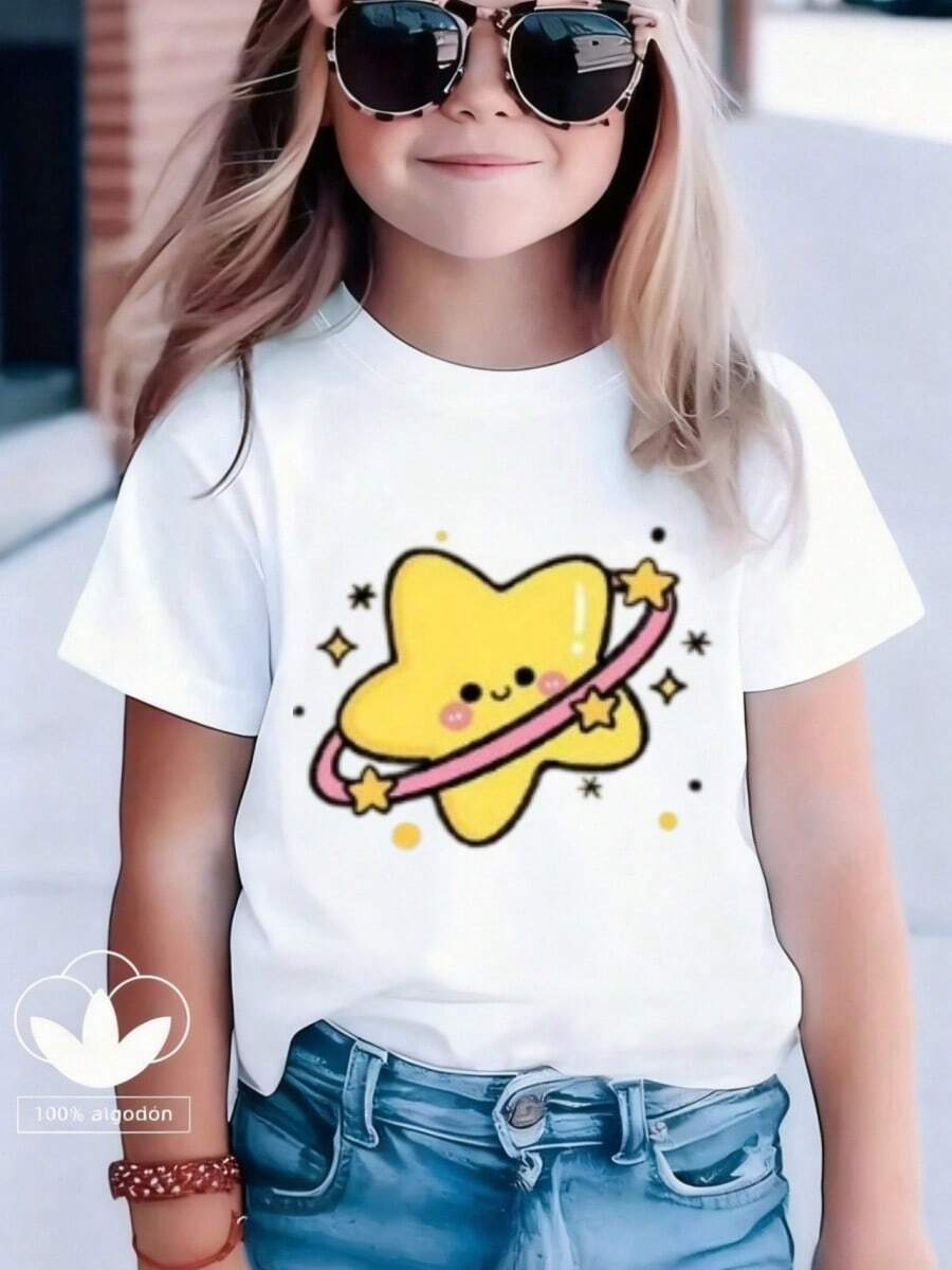 Camisetas de niña manga corta para niña está hecha 100 % de algodón y luce un elegante estampado Estrella. Es informal y versátil. Su tejido suave y agradable al tacto es delicado con la piel, lo que permite que las niñas se muevan con libertad y comodidad durante las reuniones familiares, los eventos escolares o los juegos al aire libre. - Blanco - Ver 1