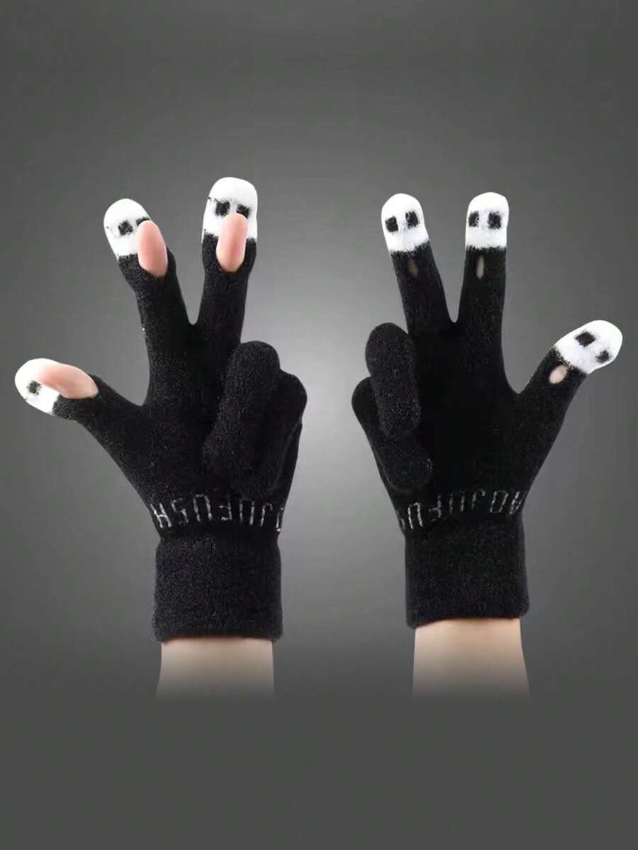 1 Pair Women's Unisex Cute New Fingerless Fuzzy Knit Gloves, Touchscreen Gloves, Outdoor Warm Knitted Mittens For Campus, Students, Writing, Autumn/Winter, Cartoon Style, Versatile