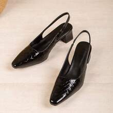 1 Pair Teenage Fashion Crocodile Embossed Pointed Toe Chunky Heel Slingback High Heel Sandals, Suitable For Party, Banquet, Wedding, Comfortable For Commuting, Brown Formal Shoes - Black - View 12