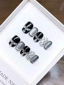 Handmade Square Nail Stickers; Hand-Painted Silver Cat Eye Nail Art, High-Quality Minimalist Design, Autumn Nails, Full Coverage Fake Nails, Y2K Nails, Unique Niche Creative Fake Nails, Daily Wear Nails, Cute Modern Style Nails, Removable And Reusable - Multicolor - View 5