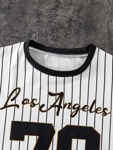 2pcs/Set Boys Casual Sports Minimalist Comfortable Outfit, Number 79 Los Angeles Letter Print Baseball Style Striped Design Short Sleeve T-Shirt And Matching Shorts Set, Spring/Summer - White - View 4