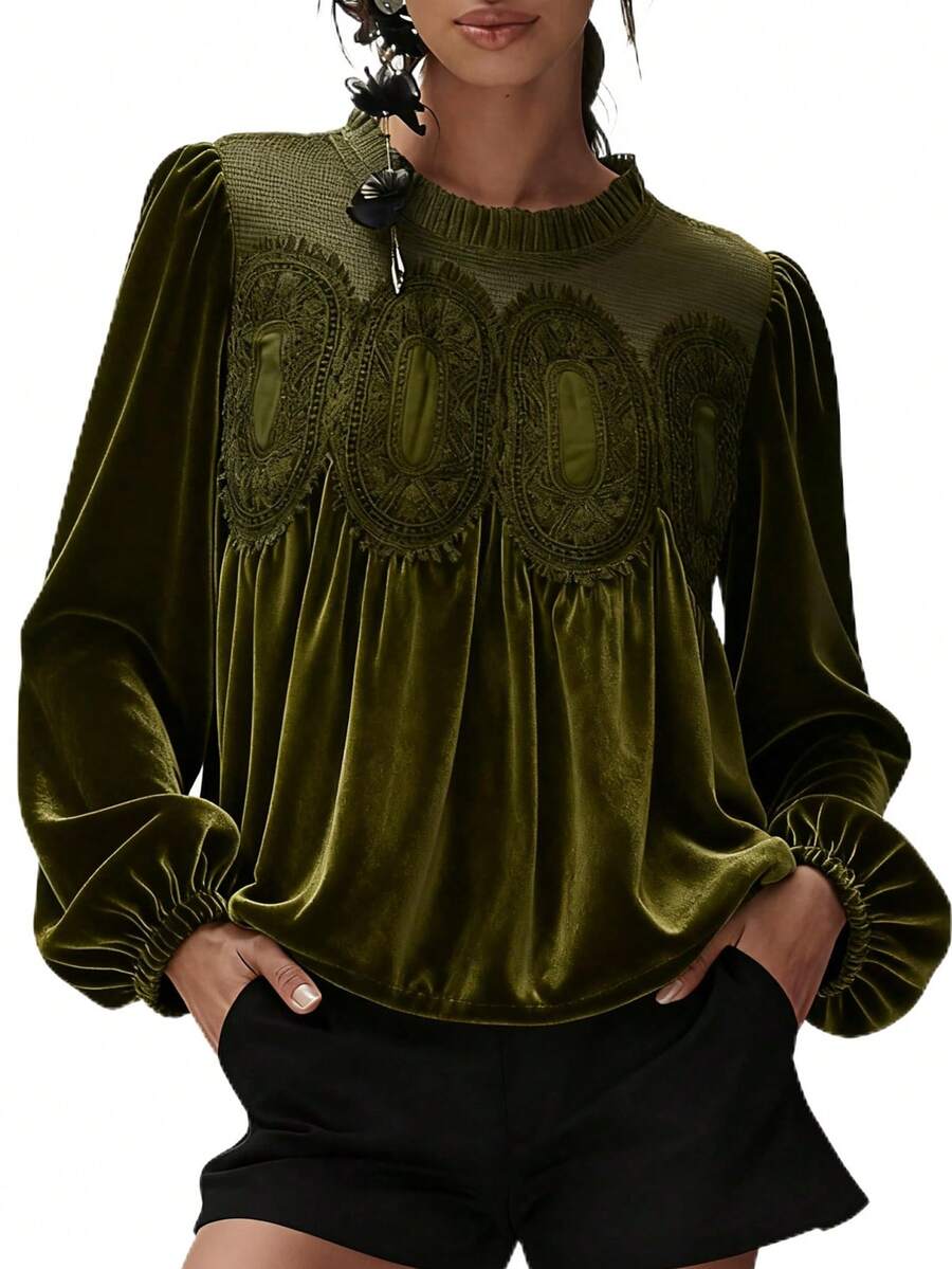 Velvet Trim Lace Blouse Women Long Sleeve Elegant Swing Top Flared Hem Round Neck Casual Blouse Tunic - xanh quân đội - Xem 1