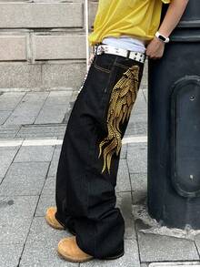 1 chiếc quần jeans nam Infinite Jeans kiểu retro in họa tiết, ống rộng, thoải mái, năng động, phù hợp với phong cách đường phố (Sản phẩm không bao gồm thắt lưng và phụ kiện) - màu đen - Xem 6