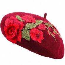 1 Pc Stylish Artistic Beret For Fall & Winter Boasting  Flair And Delicate Hand-Applied Floral Details - Hoa màu tím với mũ beret màu tím - Xem 5