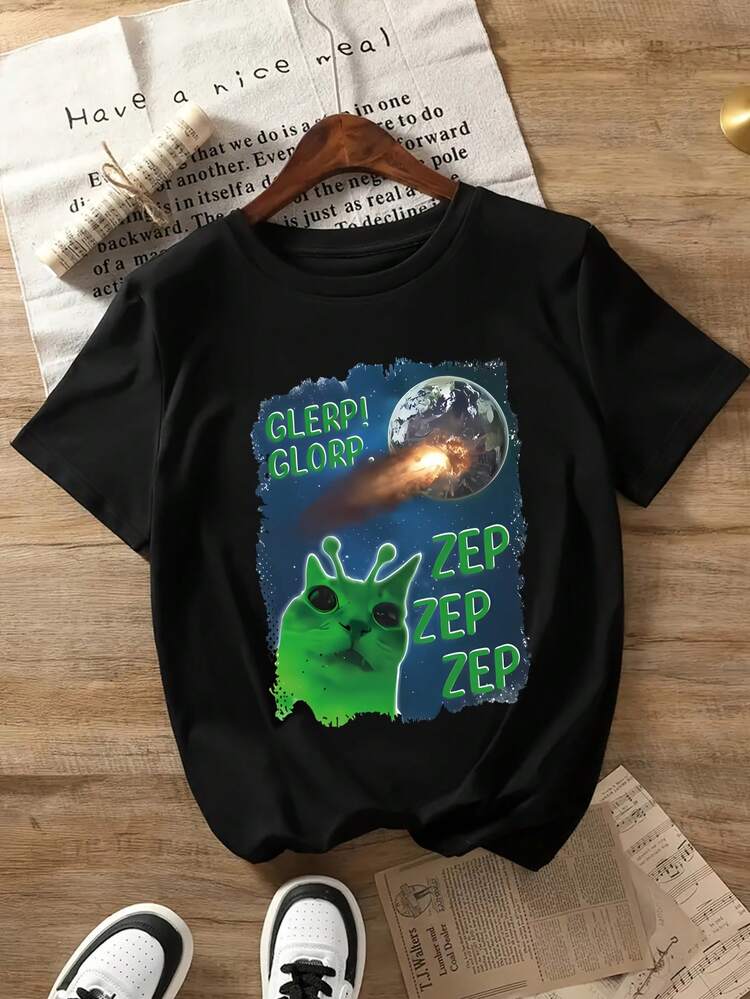 Camiseta Casual de Cuello Redondo para Mujeres con Diseño de Gato y Alienígena Juguetón - "GLERP!"Impresión ZEP ZEP, manga corta, poliéster ligero, perfecto para primavera y verano, ropa casual de verano| Camiseta gráfica caprichosa| Camiseta Ligera - Negro - Añade 1