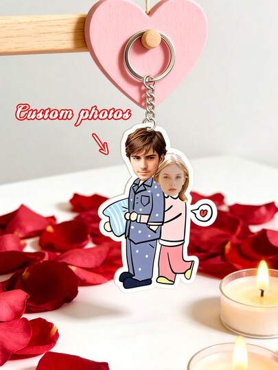 1 pieza Llavero personalizado con foto de pareja - Llavero con personaje de dibujos animados personalizado con anillo con forma de corazón | Regalo romántico para pareja, adecuado para aniversario, Día de San Valentín o uso diario | Llavero de acrílico con cara impresa personalizable (Diseño exclusivo de pareja)