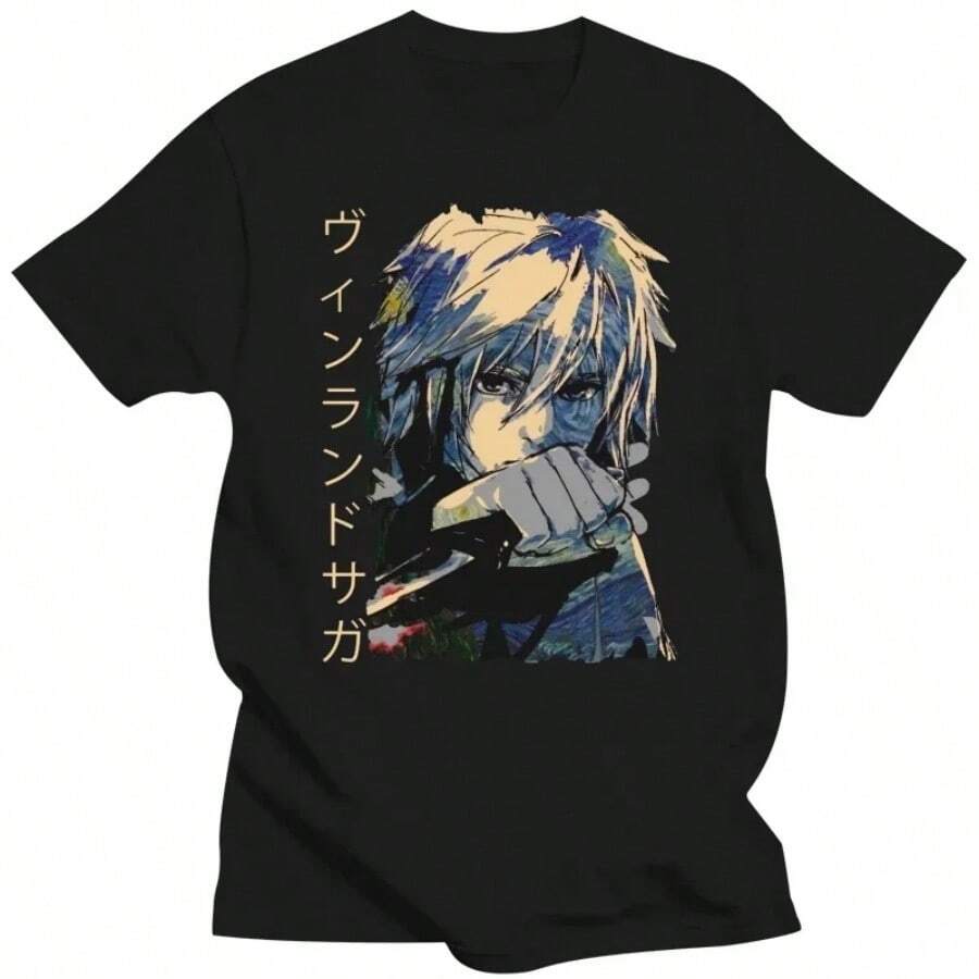 Short Sleeve Cotton T-Shirt Casual Japanese Thorfinn Karlsefni Manga Anime Tee Tops Harajuku Retro Men's Vinland Saga T Shirt - 黑色 - 查看 1