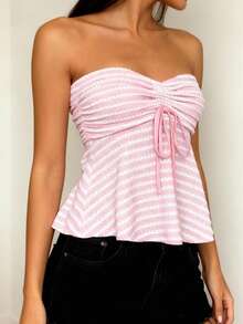 Women Striped Strapless Babydoll Tops Slim Off Shoulder Sleeveless Ruffled Hem Open Back Tie-Up Shirts  Summer Streetwear Women's Pink  White Striped Strapless Tube Top - Ribbed Fabric Front Ruched Drawstring Detail Fitted Flared Hem Sweet Casual Daily Date Wear(S-L) - Hồng - Xem 3