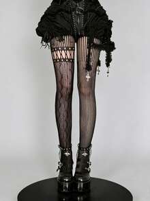 1pc Asymmetric Hollow Fishnet Stockings, Sexy Sheer Black Tights For Women, Vintage American Distressed Gothic Punk Asymmetric Fishnet, Retro Y2K Edgy Goth Streetwear