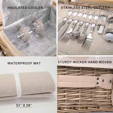 Juego de cestas de picnic de mimbre multifuncional para 2 personas con manta y mesa de picnic juego de picnic aado con vajilla completa para acampar al aire última intervensión parejas de flores - Floresconmantaymesapara2 - Ver 4