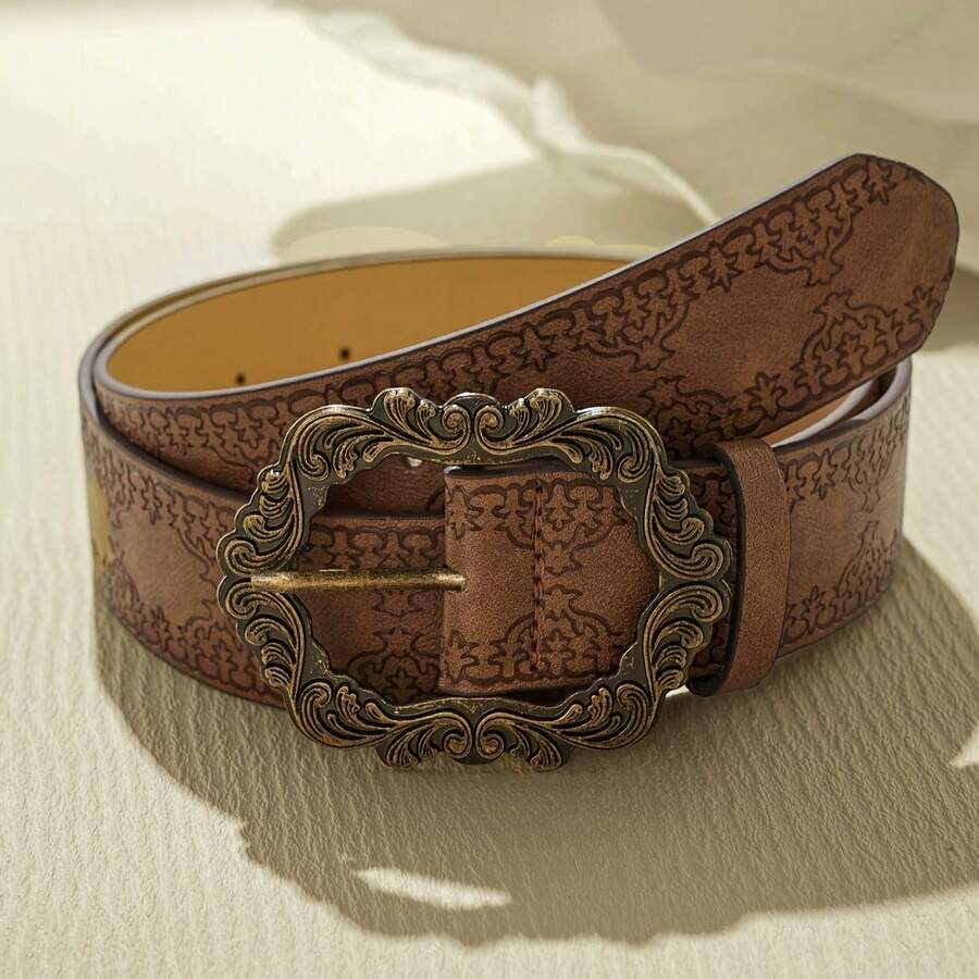 1 Piece Women's Vintage Bohemian Embossed Belt - PU Leather Floral And Curled Design, Metal, Suitable Pants, Dresses, And Casual Formal Occasions - Brown - View 1