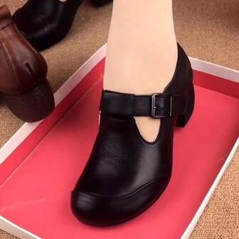 Retro Chunky Damskor med mellanhög klack, rund tå och spänne, bekväma och mångsidiga vardagsskor, medelålders och äldre bekväma mammaskor, vardagsskor, året runt-skor, svarta, kardborreknäppning, spännedekor, dansskor