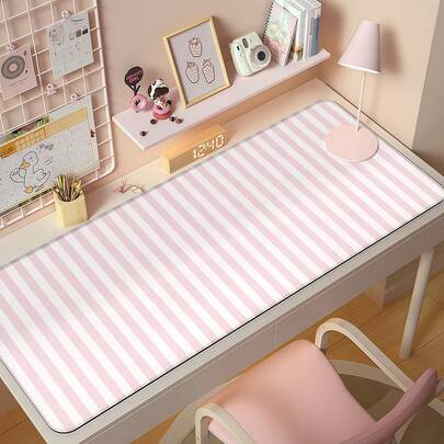 INS Style Pink & White Striped Mouse Pad, Cute Desktop Decor Mat, Thickened Non-Slip Office & Gaming Keyboard Pad