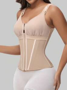 1 件女士胸部塑身衣，双层紧腰束腹带 - 米色 - 查看 4