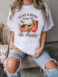 Book Lover Drink Tea Read Books Be Happy T-Shirt - 100% Cotton Women's Casual Short Sleeve Crew Neck T-Shirt For Spring & Summer, Printed Graphic Tee For  Sport Lovers - trắng - Xem 6