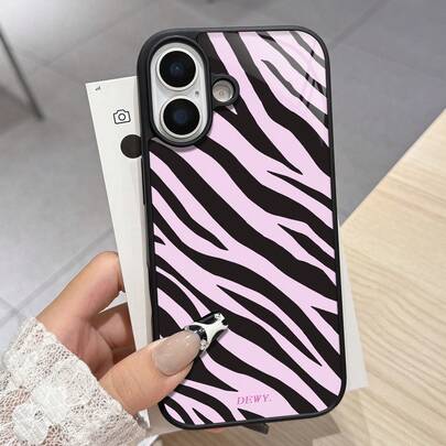 Glossy Pink & Black Zebra Print Phone Case Compatible With IPhone 11/11 Pro/11 Pro Max, 12/12 Pro/12 Pro Max, 13/13 Pro/13 Pro Max, 14/14 Pro/14 Pro Max, 15/15 Pro/15 Pro Max, 16/16 Pro/16 Pro Max, 17/17 Pro/17 Pro Max And Galaxy S21/S21+/S21 Ultra, Featuring Glossy Finish, Pink Base With Black Zebra Pattern, Decorated With "DEWY" Text
