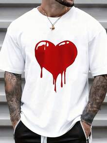 Heart Drip Design White T-Shirt Men Streetwear Fashion Graphic Tee Casual Summer Top   Clothing For Valentine Day And Everyday Wear - 白色 - 查看 1