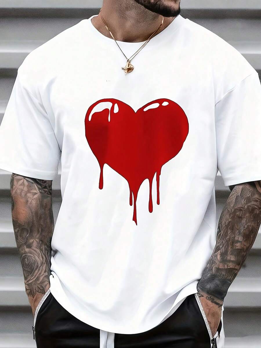 Heart Drip Design White T-Shirt Men Streetwear Fashion Graphic Tee Casual Summer Top Clothing For Valentine Day And Everyday Wear - 白色 - 查看 1
