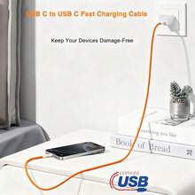 60W USB Type-C 快充線，兼容 17，USB C 轉 USB C 快充線，兼容 17/16/15/15 Pro/15 Pro Max/15 Plus/Pro/Air5，兼容 Galaxy S25/S24/S23，適用於辦公桌配件/汽車配件，手機充電旅行，萬聖節禮物，1件/3件 - 橘色 - 查看 2
