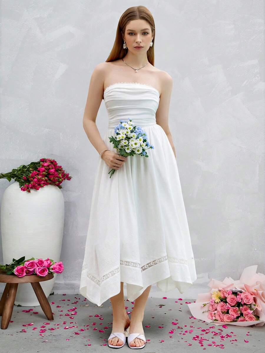 PARTHEA 优雅无袖无肩带伴娘礼服，长款褶皱不对称设计，饰有蕾丝褶裥细节，适合派对穿着 - 白色 - 查看 1