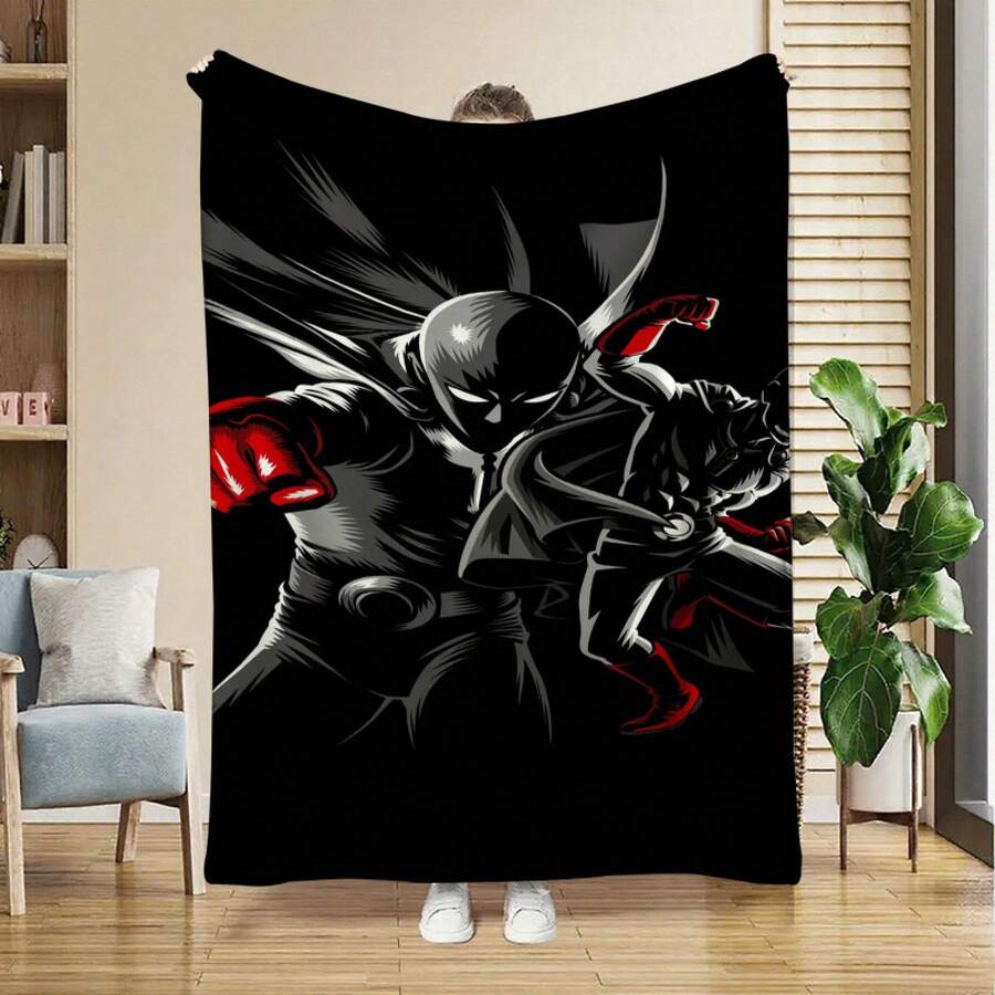 1 Piece Saitama Battle Stance Digital Printed Flannel Blanket, 100% Polyester Fabric, Lightweight, Soft, And Resistant To Deformation, Suitable For Living Room Sofa, Bedroom Bed, Easy To Carry, Suitable For All Seasons, Practical Multi-Functional Blanket, Ideal For Holiday Gifts - 彩色 - 查看 1