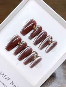 纯手工制作方形美甲贴片，手绘猫眼美甲，高品质简约设计美甲，秋冬美甲，覆盖式假指甲，Y2K美甲，独特小众创意假指甲，日常美甲，可爱现代风格美甲，日常佩戴，可拆卸可重复使用美甲用品，手工按压式美甲贴片 - 彩色 - 查看 14