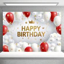 1 Stück lebendiges goldenes Geburtstagsbanner - Polyester Fotohintergrund mit roten & weißen Luftballons und silberner Krone, vielseitiger Stoffhintergrund für Kuchentisch Dekoration, Partyzubehör, allgemeine Feiern, Frühlings-/Sommerferien, ohne Strom erforderlich - Mehrfarbig - Übersicht 2