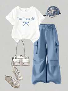 Girls' Casual Set - Letter Print Round Neck Short Sleeve T-Shirt And Cargo Pants - Blue - View 1