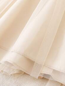 Baby Girls Cute Sleeveless Lapel Faux Pocket Button Splice Mesh Dress With Belt - Apricot - View 7