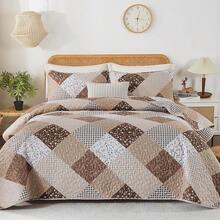 Floral Plaid Patchwork Quilt Set King Size, Reversible Brown Bedding Set Soft Microfiber Lightweight Bedspread Coverlet 3 Piece All - Season Use (104x90 Inches) - Deep Brown - View 11